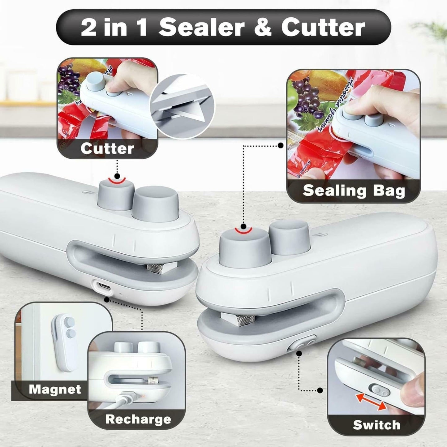 2IN1 Mini Sealing Machine USB Rechargable Heat Sealer Storage Bag Plastic Package Food Sealer Clip Bag Handheld Food Heat Sealer